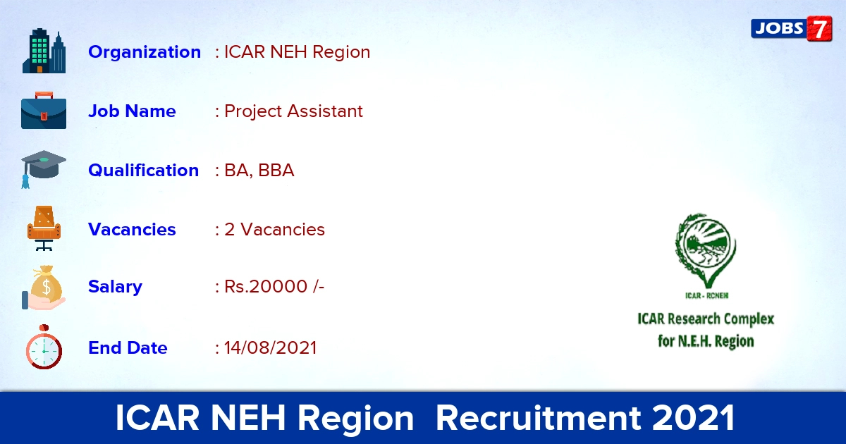 ICAR NEH Region  Recruitment 2021 - Apply Online for Project Assistant Jobs