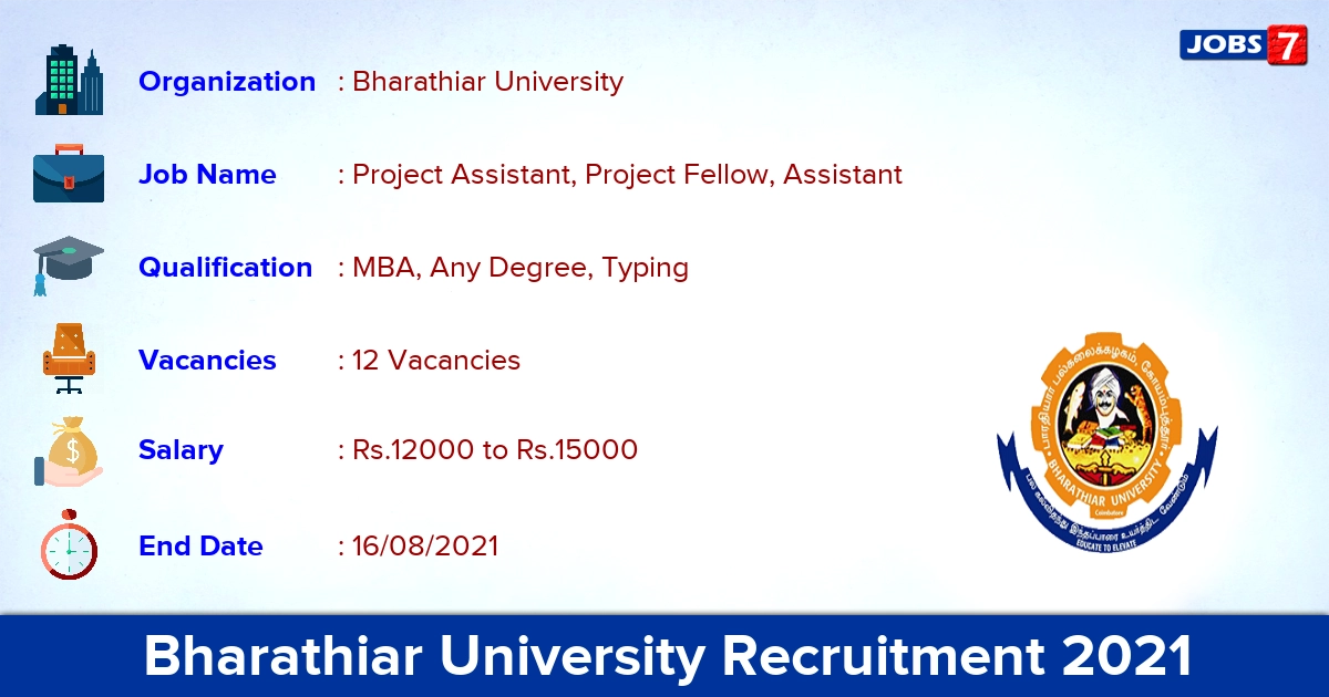 Bharathiar University Recruitment 2021 - Apply Direct Interview for 12 Project Assistant Vacancies