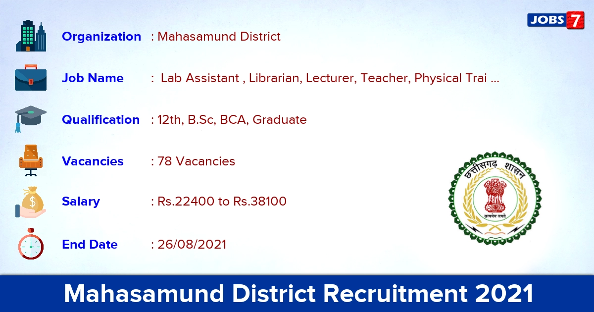 Mahasamund District Recruitment 2021 - Apply Direct Interview for 78 Librarian, Lecturer Vacancies