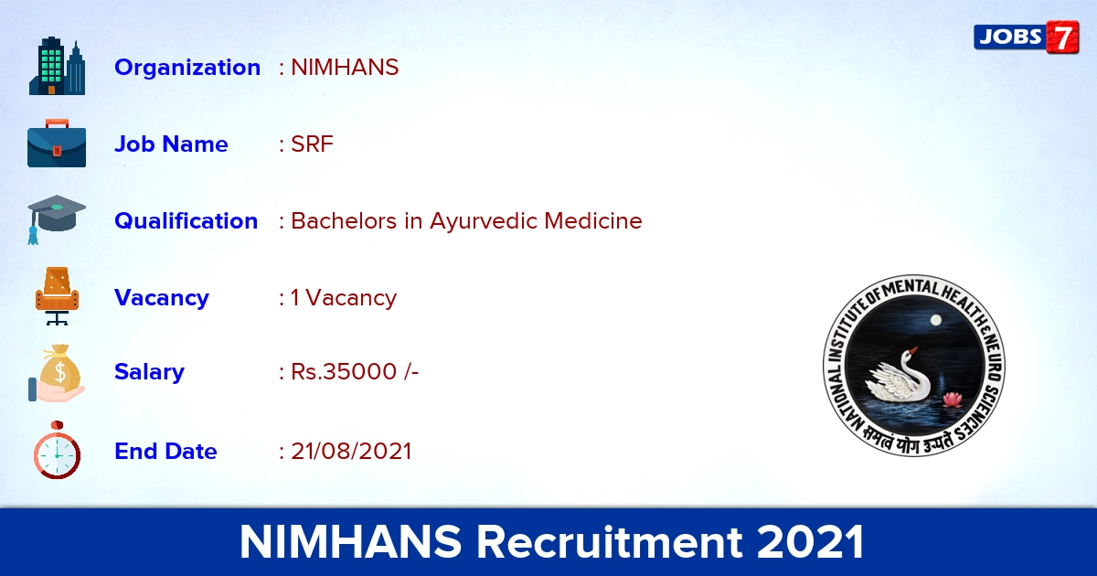NIMHANS Recruitment 2021 - Apply Online for SRF Jobs