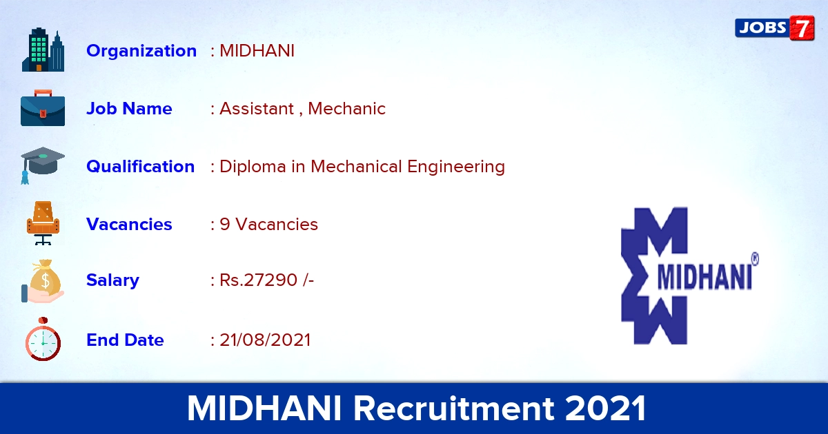 MIDHANI Recruitment 2021 - Apply Direct Interview for Assistant, Mechanic Jobs