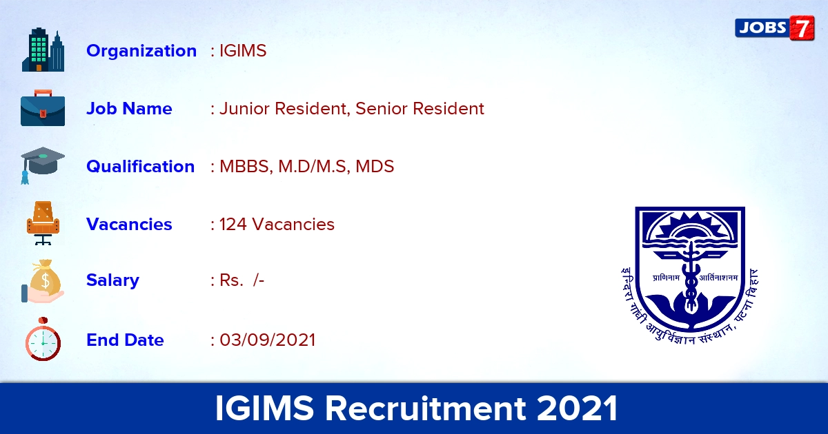 IGIMS Recruitment 2021 - Apply Direct Interview for 124 Senior Resident/Tutor Vacancies