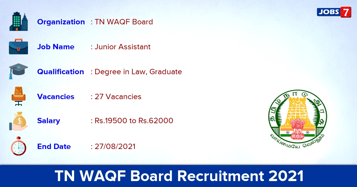 TN WAQF Board Recruitment 2021 - Apply Offline for 27 Junior Assistant Vacancies