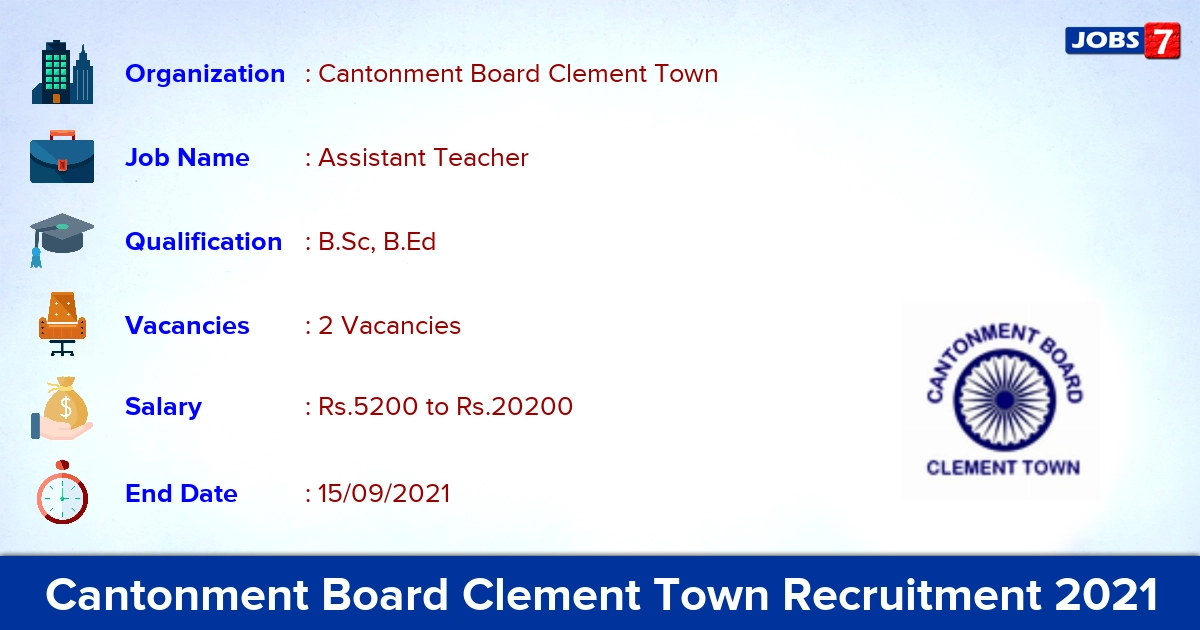 Cantonment Board Clement Town Recruitment 2021 - Apply Online for Assistant Teacher Jobs