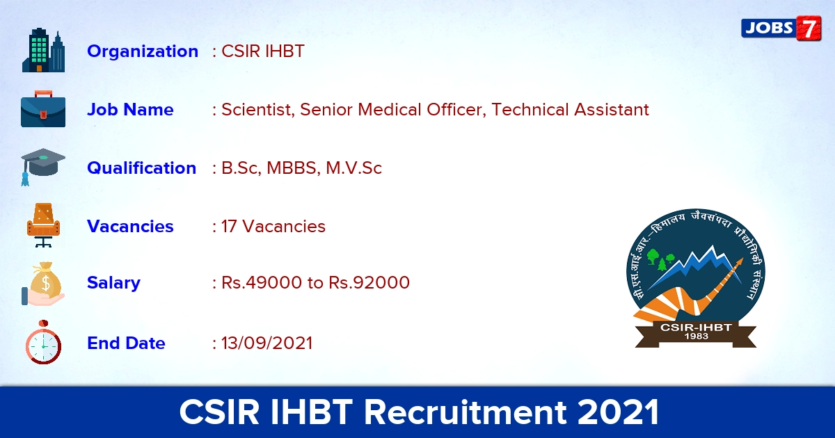 CSIR IHBT Recruitment 2021 - Apply Online for 17 Scientist, Medical Officer Vacancies