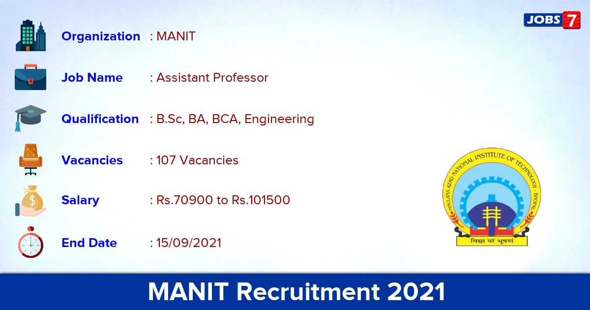 MANIT Recruitment 2021 - Apply Offline for 107 Assistant Professor Vacancies