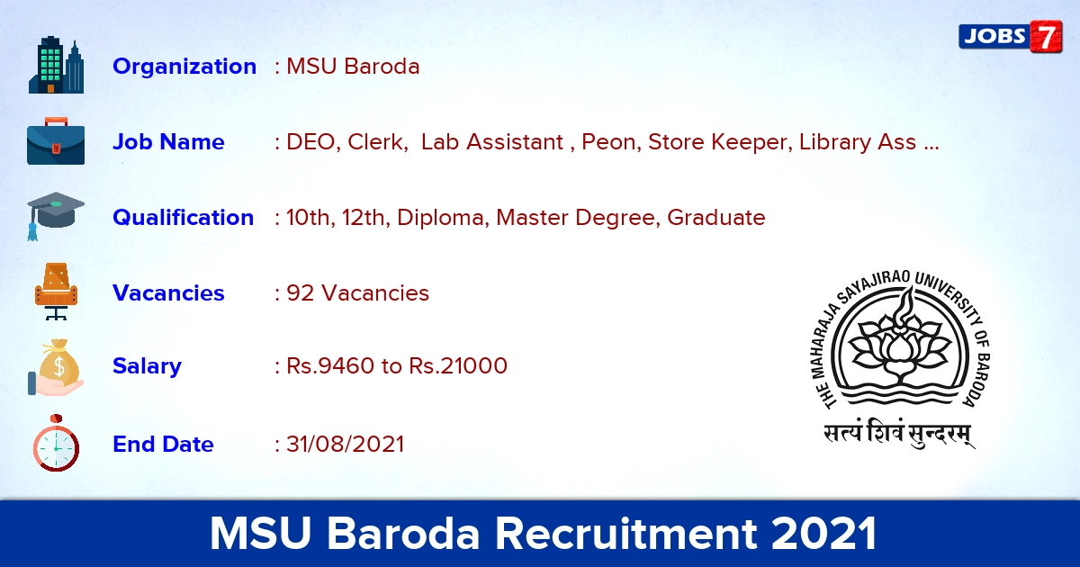 MSU Baroda Recruitment 2021 - Apply Online for 92 DEO, Clerk,  Lab Assistant Vacancies