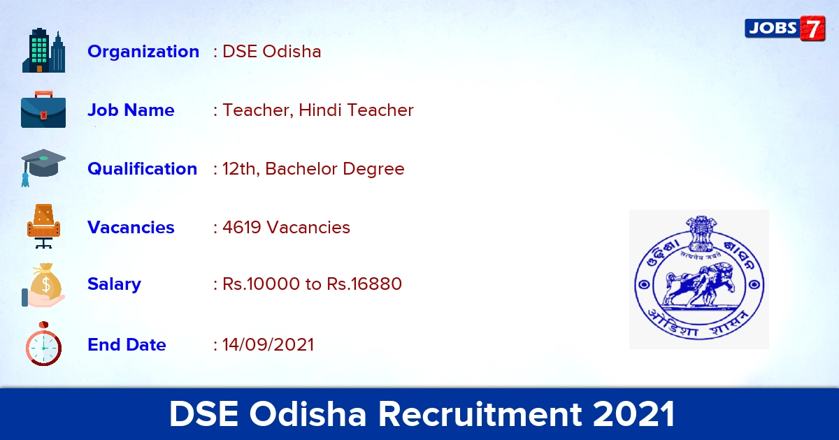 DSE Odisha Teacher Recruitment 2021 - Apply Online for 4619 Vacancies