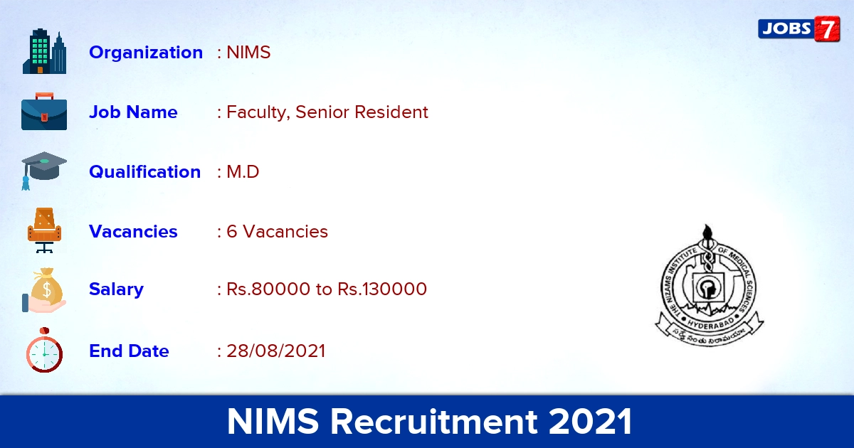 NIMS Recruitment 2021 - Apply Offline for Faculty, Senior Resident Jobs