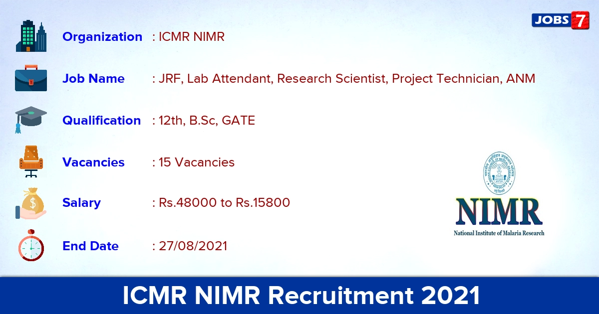 ICMR NIMR Recruitment 2021 - Apply Online for 15 JRF, Lab Attendant Vacancies