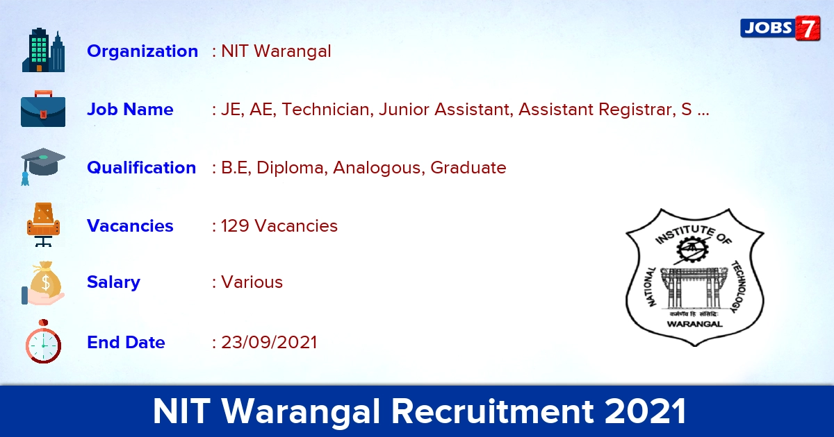 NIT Warangal Recruitment 2021 - Apply Online for 129 JE, Technical Assistant Vacancies