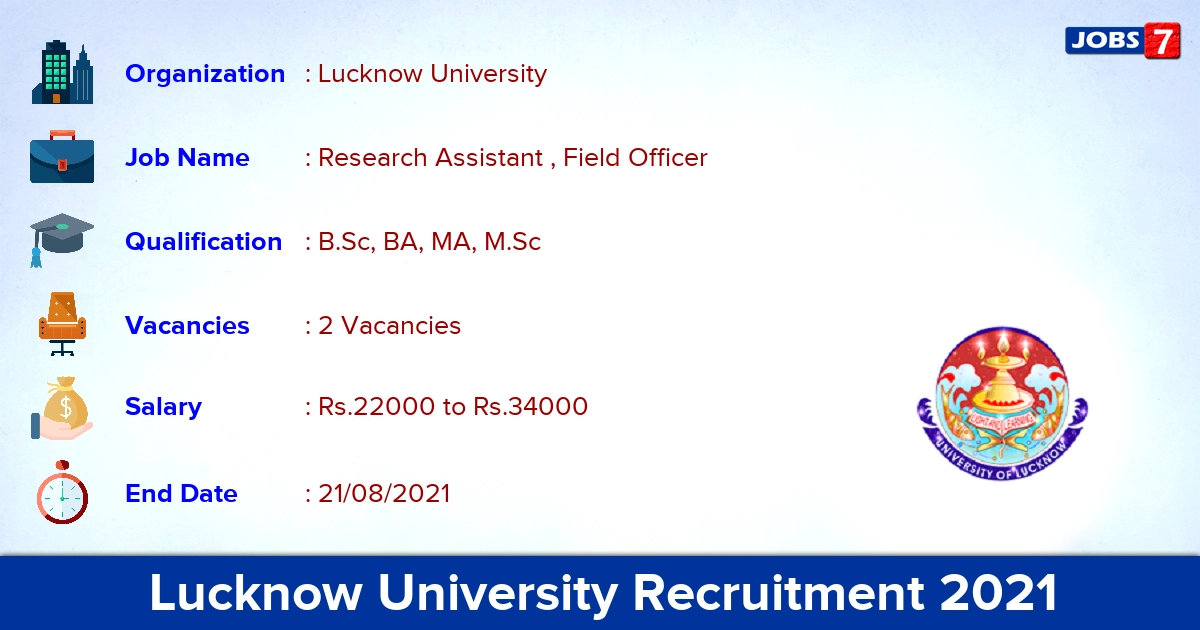 Lucknow University Recruitment 2021 - Apply Direct Interview for Research Assistant, Field Officer Jobs