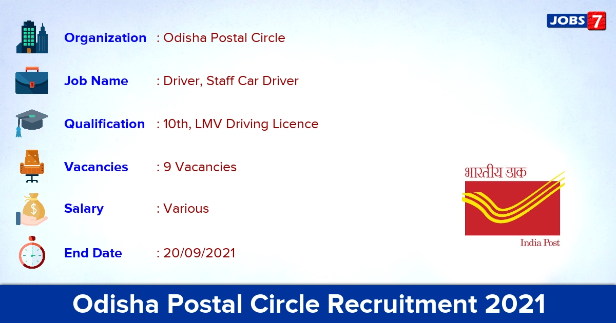 Odisha Postal Circle Recruitment 2021 - Apply Offline for Driver Jobs