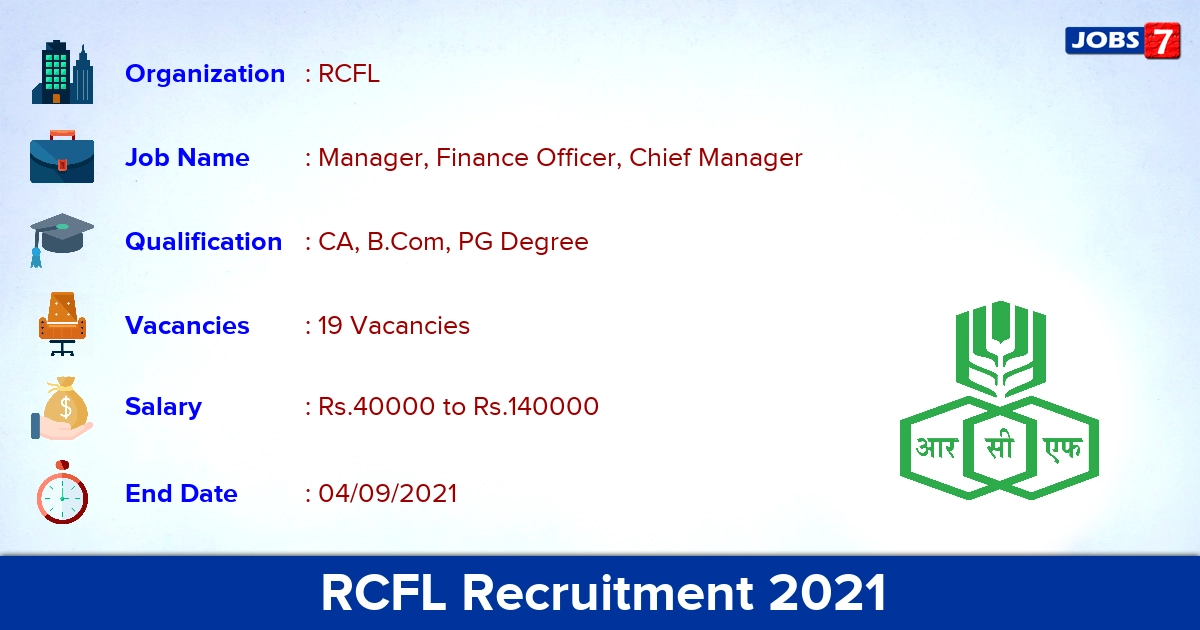 RCFL Recruitment 2021 - Apply Online for 19 Finance Officer Vacancies RCFL Recruitment 2021 - Apply Online for 19 Finance Officer Vacancies