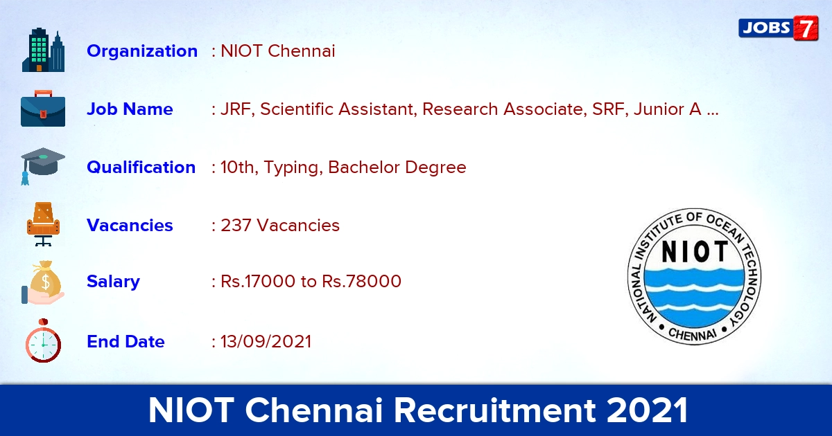 NIOT Chennai Recruitment 2021 - Apply Online for 237 JRF,  Project Technician Vacancies