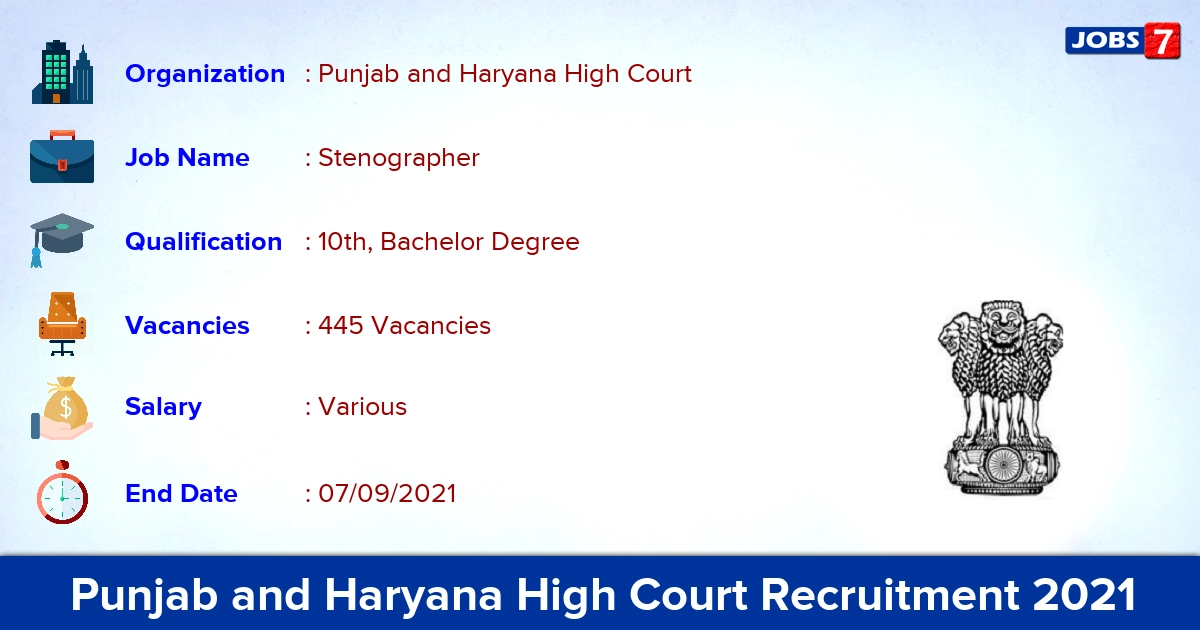 Punjab and Haryana High Court Recruitment 2021 - Apply Online for 445 Stenographer Vacancies