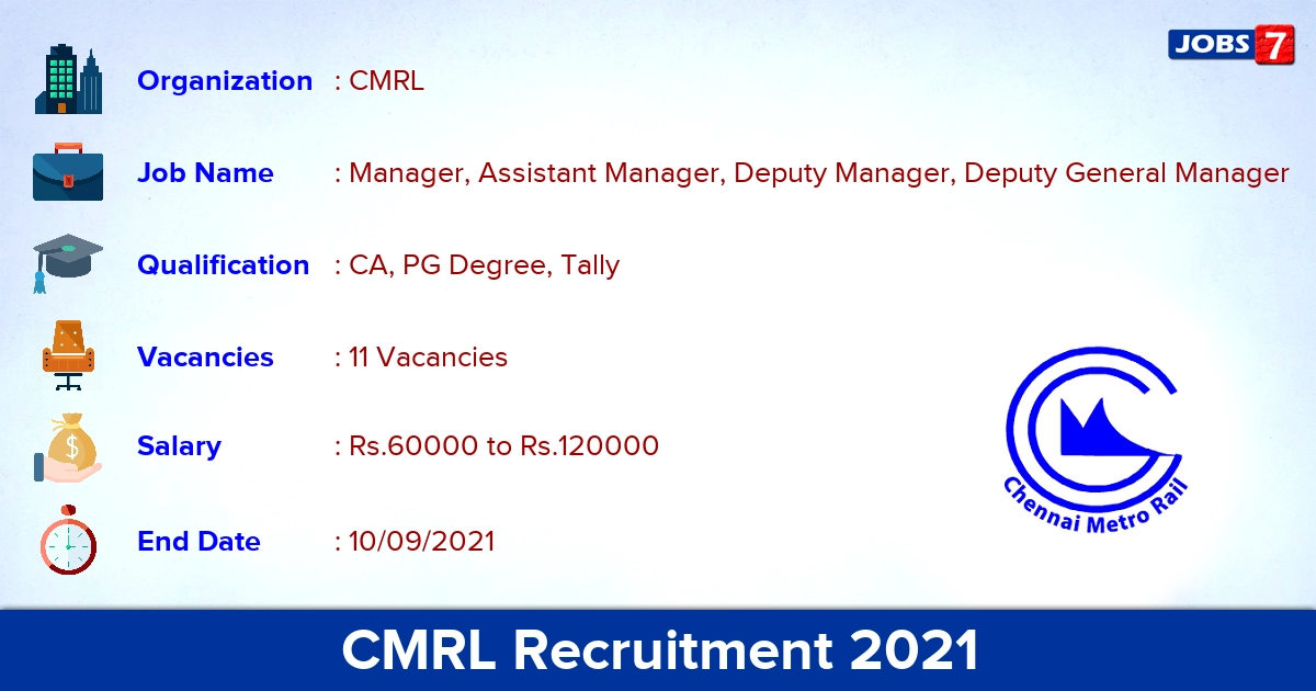 CMRL Recruitment 2021 - Apply Offline for 11 Manager Vacancies