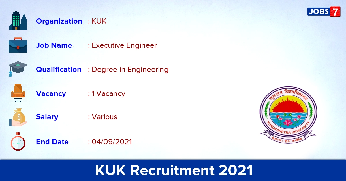 KUK Recruitment 2021 - Apply Offline for Executive Engineer Jobs