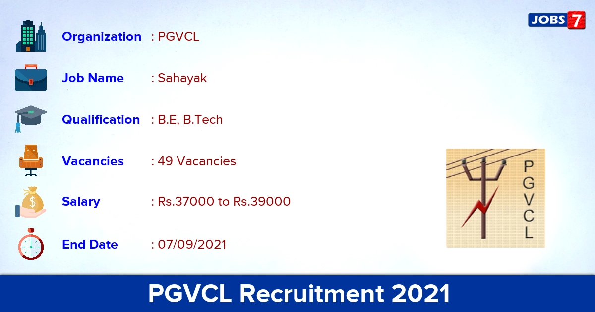 PGVCL Recruitment 2021 - Apply Online for 49 Vidyut Sahayak Vacancies (Reopened)