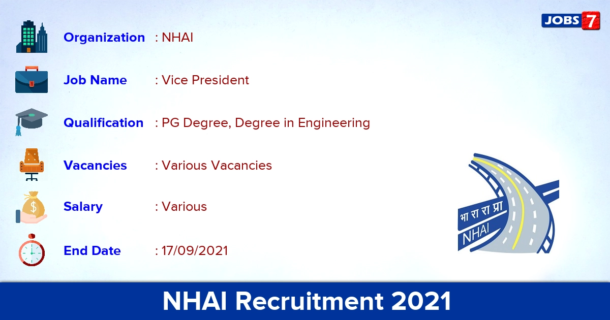 NHAI Recruitment 2021 - Apply Online for Vice President Vacancies
