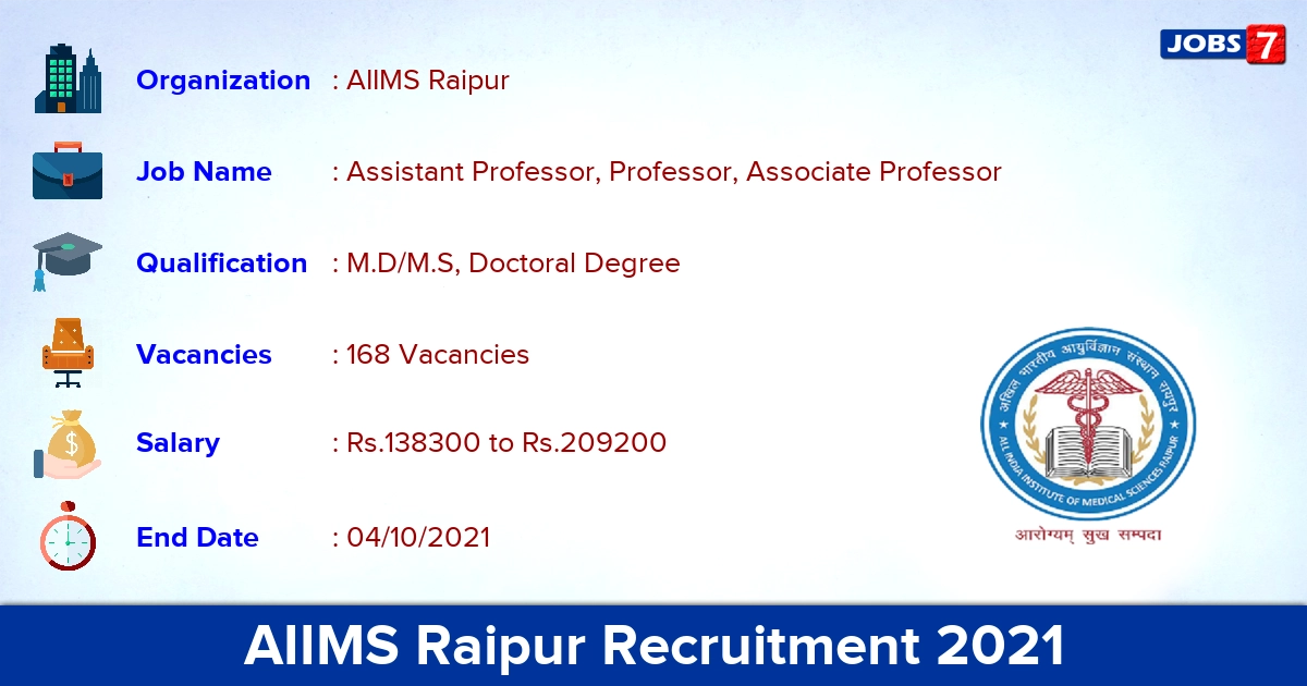 AIIMS Raipur Recruitment 2021 - Apply Online for 168 Professor Vacancies