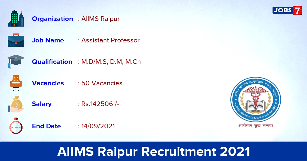 AIIMS Raipur Recruitment 2021 - Apply Online for 50 Assistant Professor Vacancies