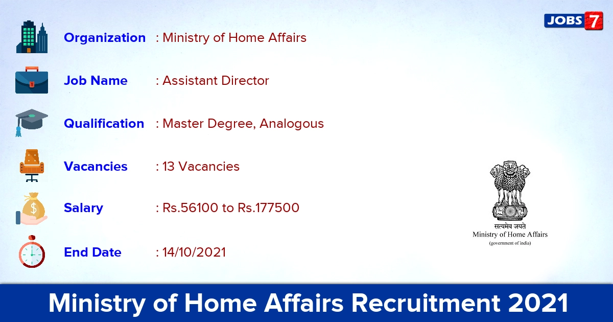 Ministry of Home Affairs Recruitment 2021 - Apply Offline for 13 Assistant Director Vacancies