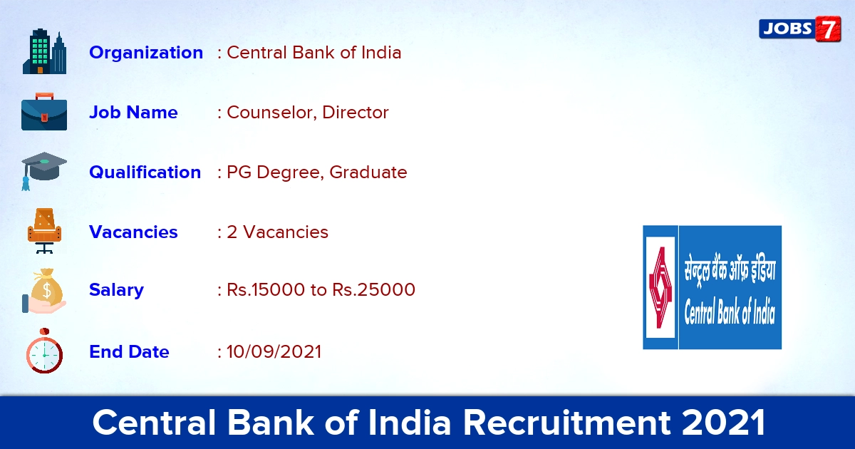 Central Bank of India Recruitment 2021 - Apply Offline for Counselor FLC, Director Jobs