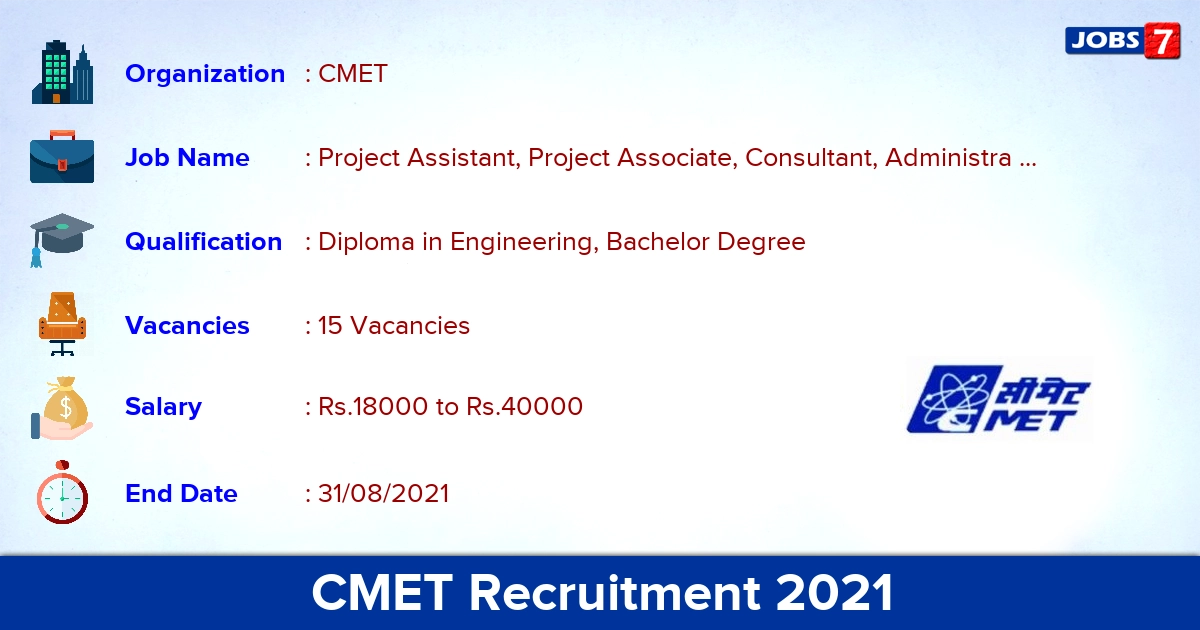 CMET Recruitment 2021 - Apply Online for 15 Administrative Assistant Vacancies