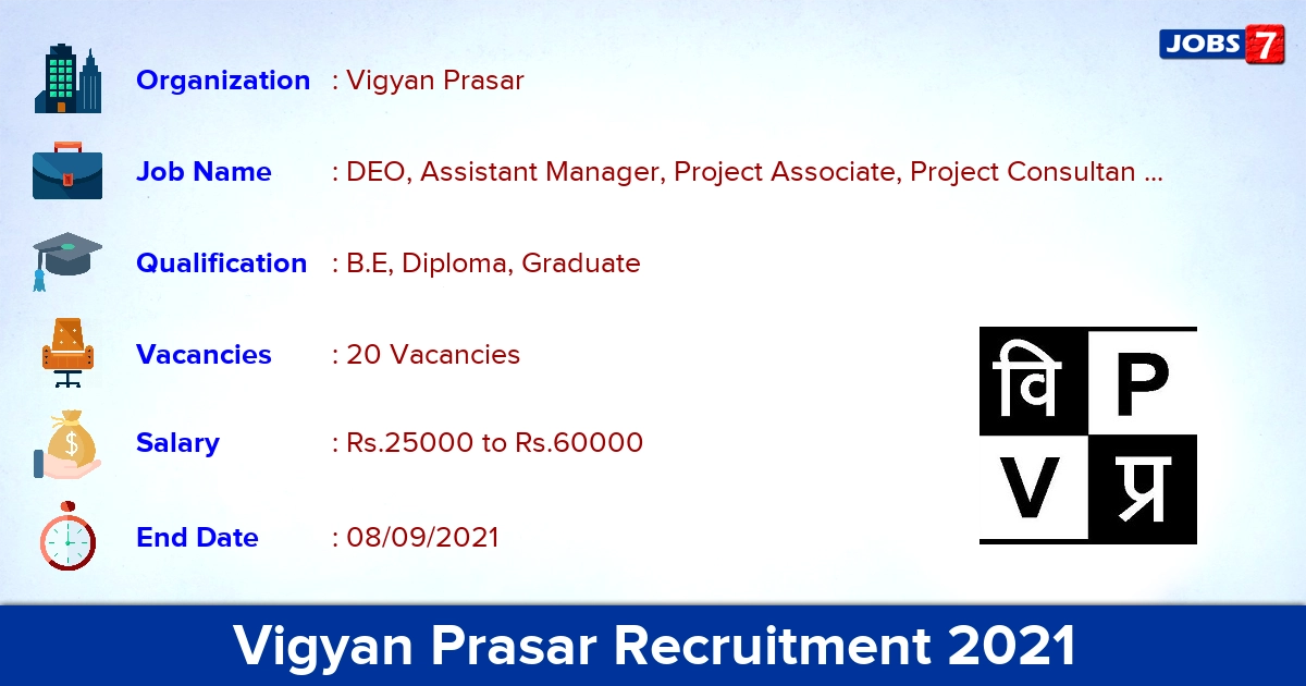 Vigyan Prasar Recruitment 2021 - Apply Online for 20 DEO, Assistant Manager Vacancies