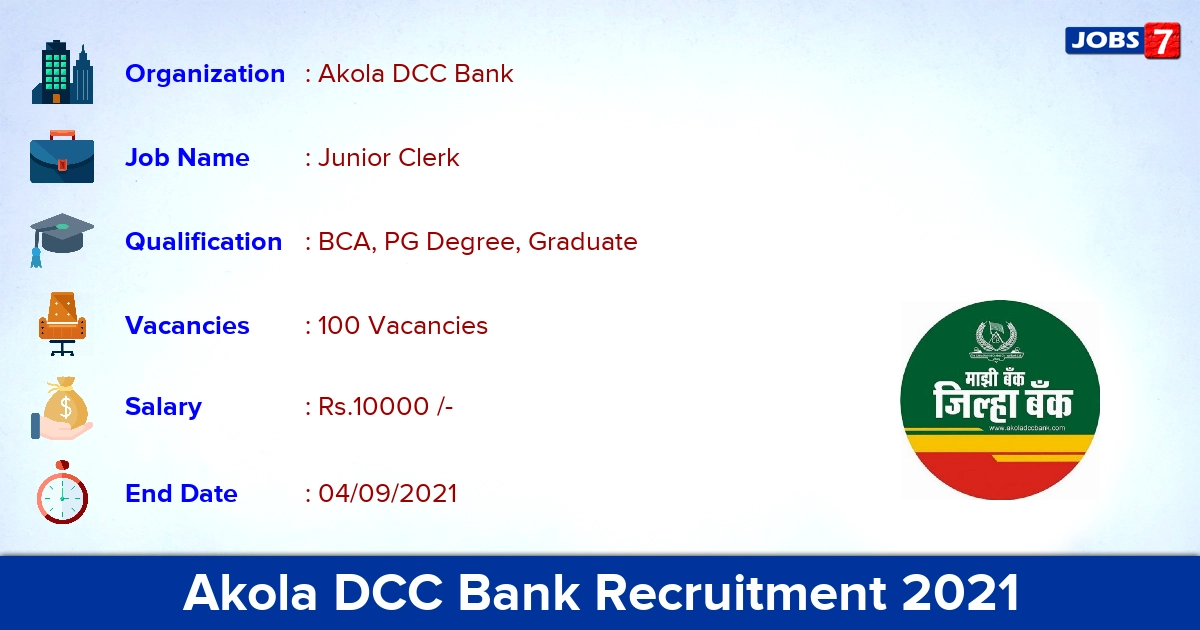Akola DCC Bank Recruitment 2021 - Apply Online for 100 Junior Clerk Vacancies