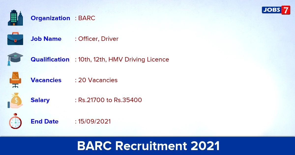 BARC Recruitment 2021 - Apply Offline for 20 Officer, Driver Vacancies