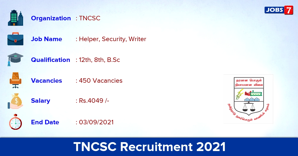 TNCSC Recruitment 2021 - Apply Offline for 450 Helper, Security, Writer Vacancies TNCSC Recruitment 2021 - Apply Offline for 450 Helper, Security, Writer Vacancies