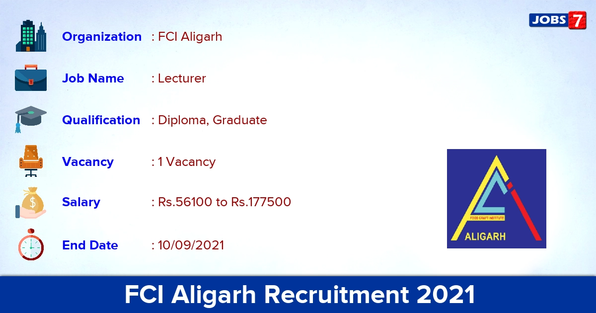 FCI Aligarh Recruitment 2021 - Apply Offline for Senior Lecture Jobs