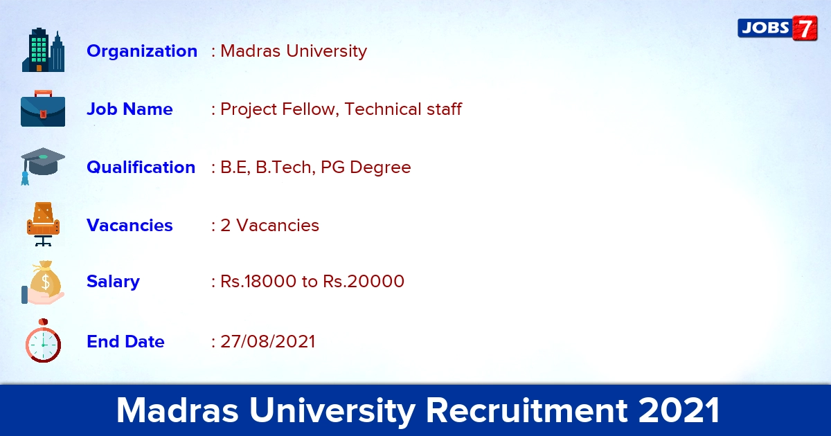 Madras University Recruitment 2021 - Apply Online for Project Fellow, Technical staff Jobs