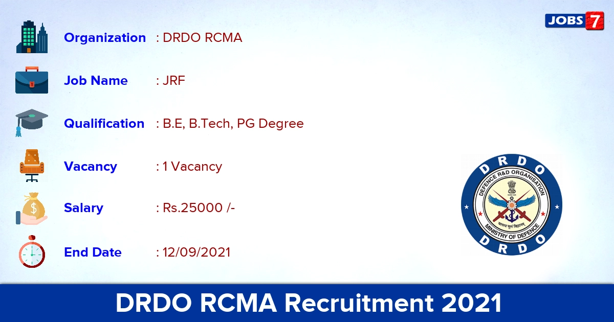 DRDO RCMA Recruitment 2021 - Apply Offline for JRF Jobs