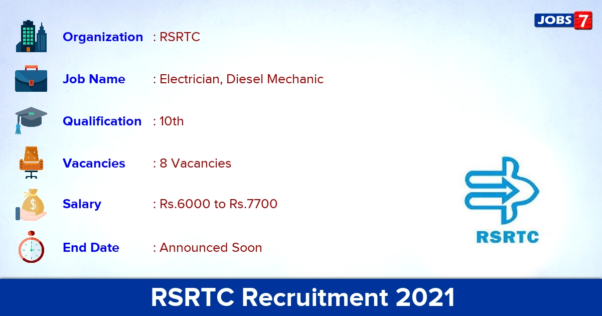 RSRTC Recruitment 2021 - Apply Online for Electrician, Diesel Mechanic Jobs