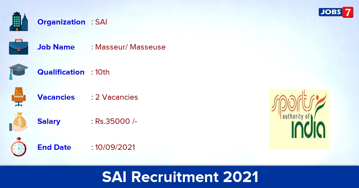 SAI Recruitment 2021 - Apply Online for Masseur/ Masseuse Jobs