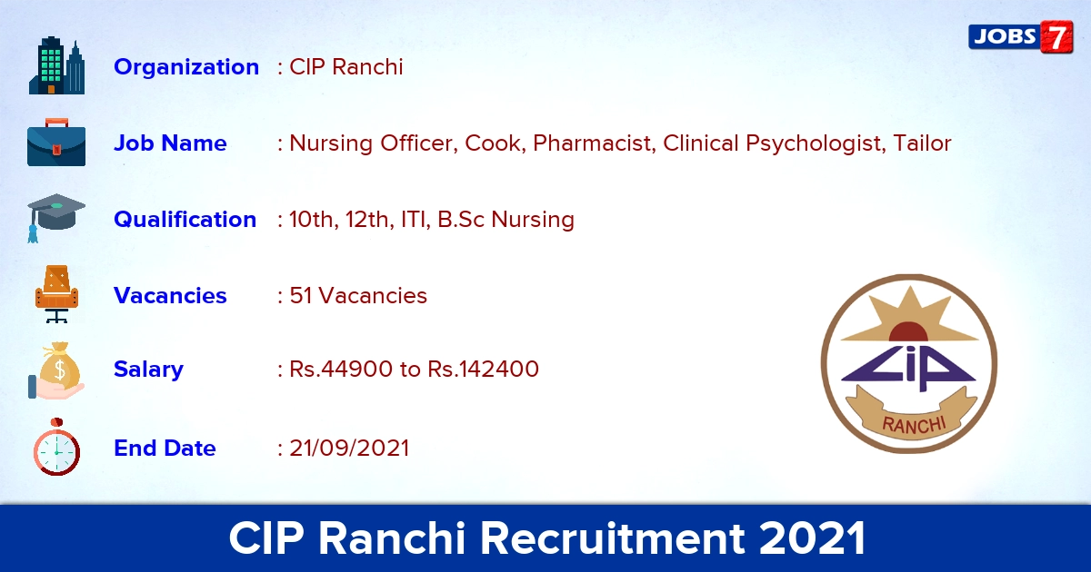 CIP Ranchi Recruitment 2021 - Apply Online for 51 Nursing Officer Jobs