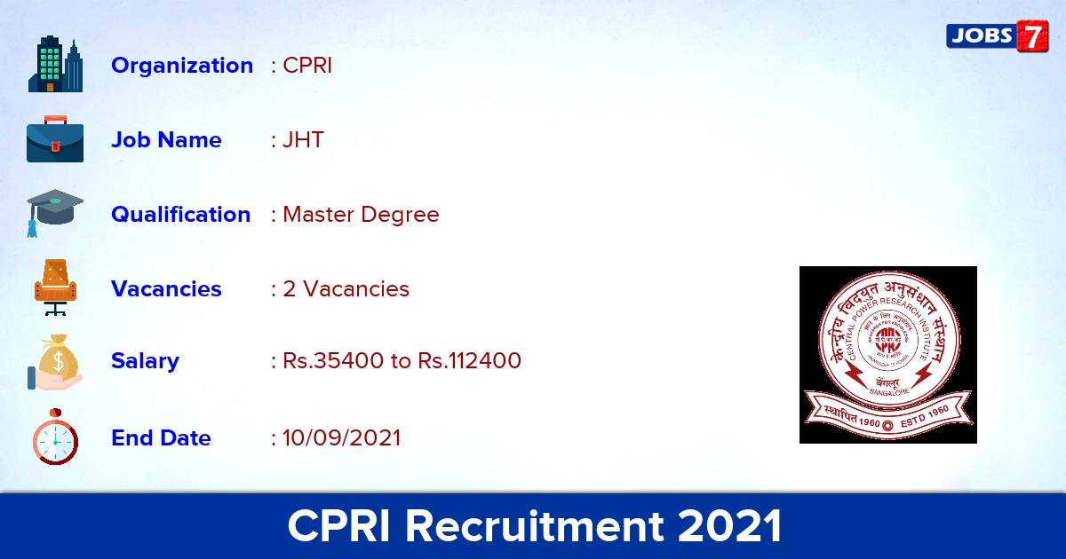 CPRI Recruitment 2021 - Apply Offline for Junior Hindi Translator Jobs
