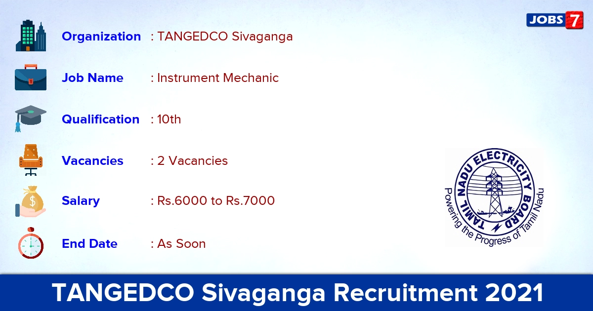 TANGEDCO Sivaganga Recruitment 2021 - Apply Online for Instrument Mechanic Jobs