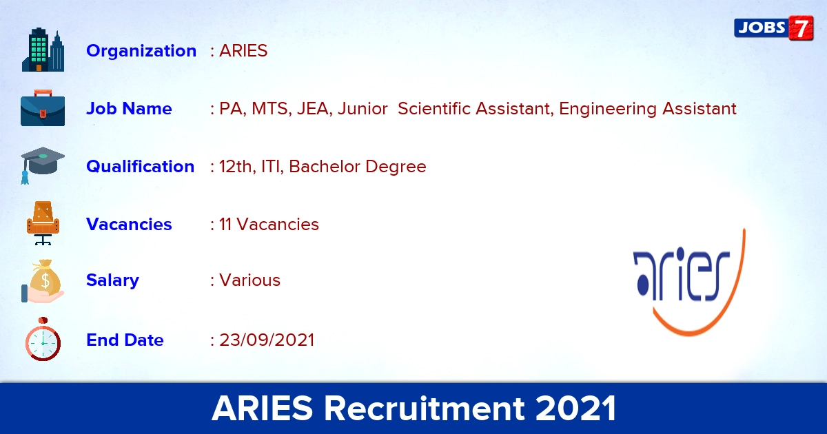 ARIES Recruitment 2021 - Apply Online for 11 PA, Engineering Assistant Vacancies