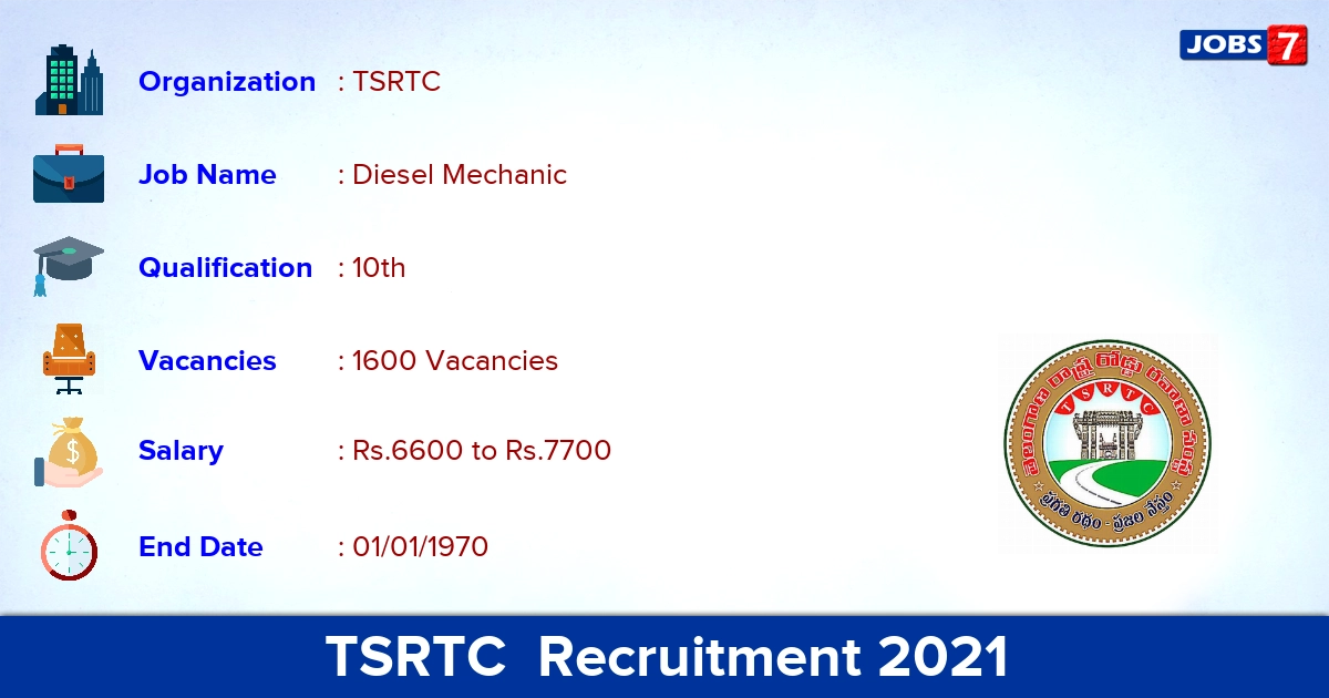TSRTC Recruitment 2021 - Apply Online for 1600 Diesel Mechanic Vacancies