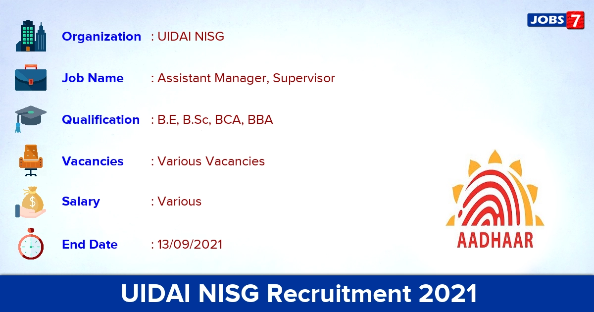 UIDAI NISG Recruitment 2021 - Apply Online for Supervisor Vacancies