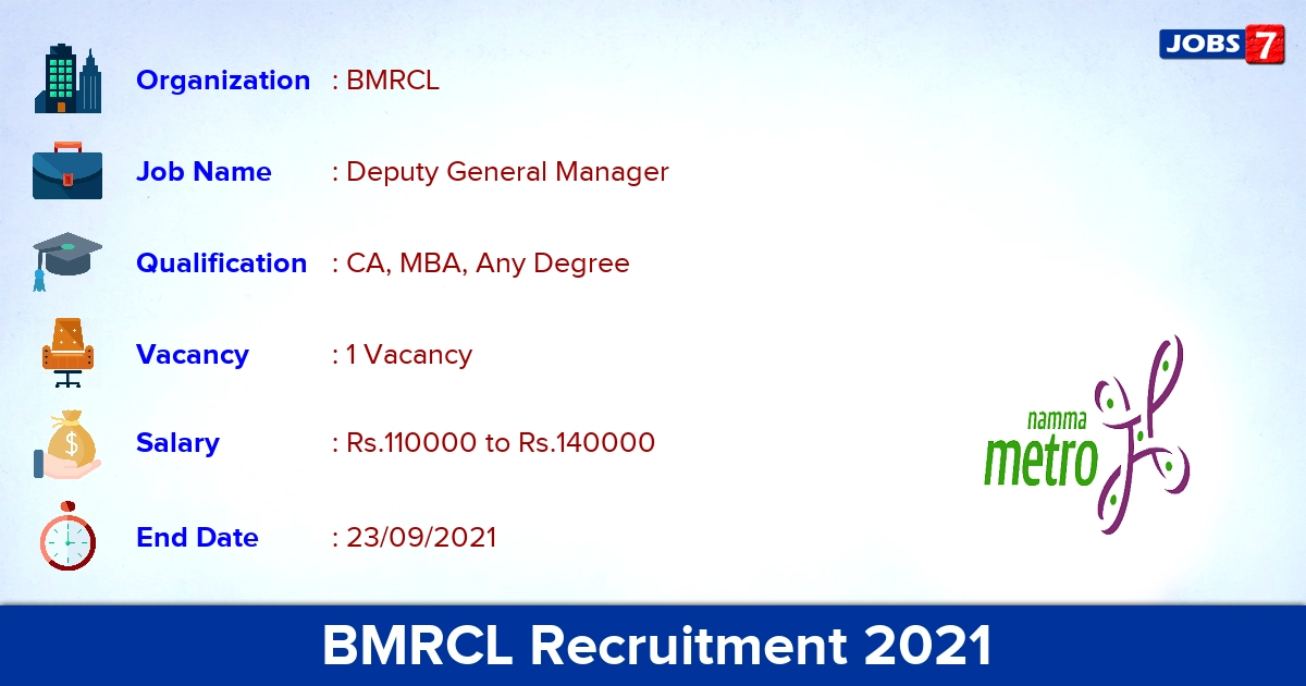 BMRCL Recruitment 2021 - Apply Online for Deputy General Manager Jobs