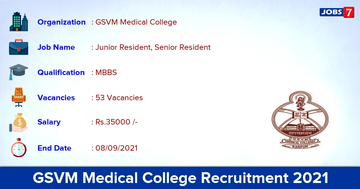 GSVM Medical College Recruitment 2021 - Apply Offline for 53 Junior Resident Vacancies