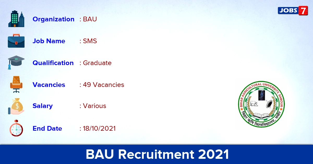 BAU Recruitment 2021 - Apply Online for 49 Subject Matter Specialist Vacancies