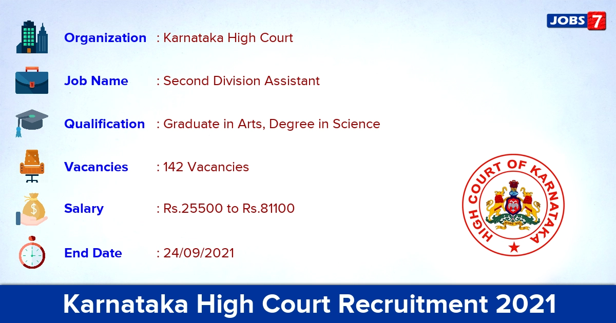 Karnataka High Court Recruitment 2021 - Apply Online for 142 Second Division Assistant Vacancies