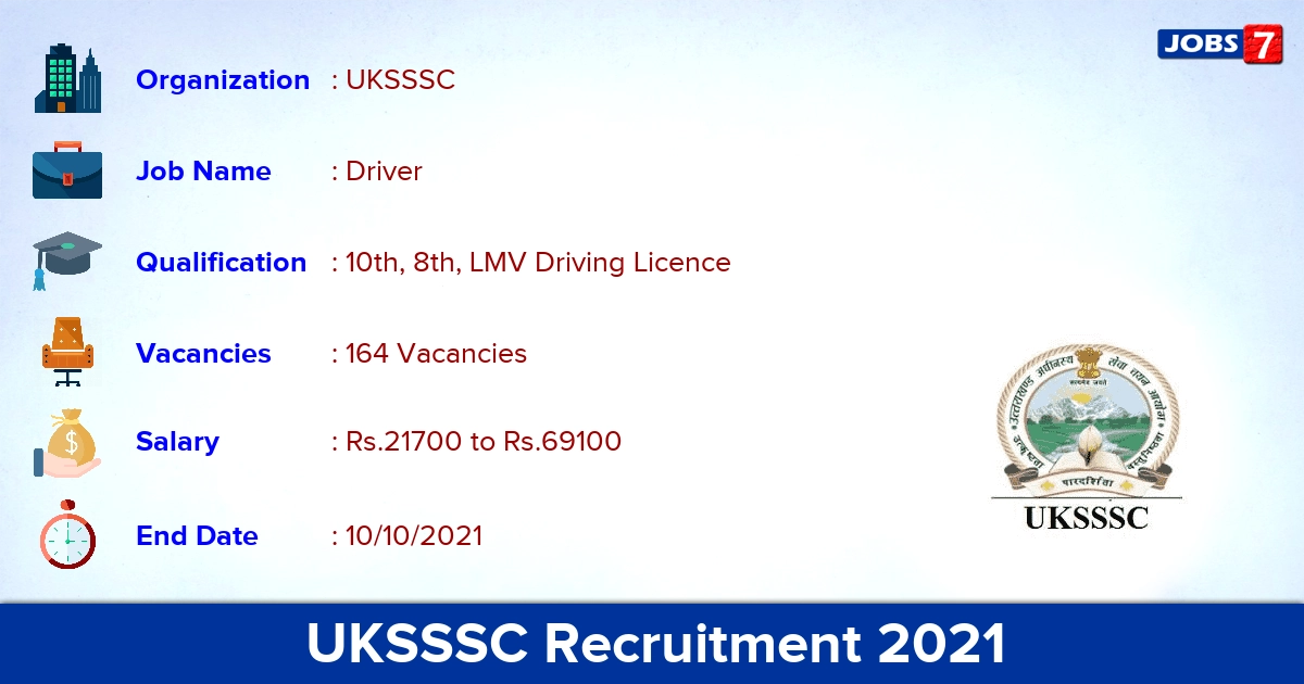 UKSSSC Recruitment 2021 - Apply Online for 164 Driver Vacancies