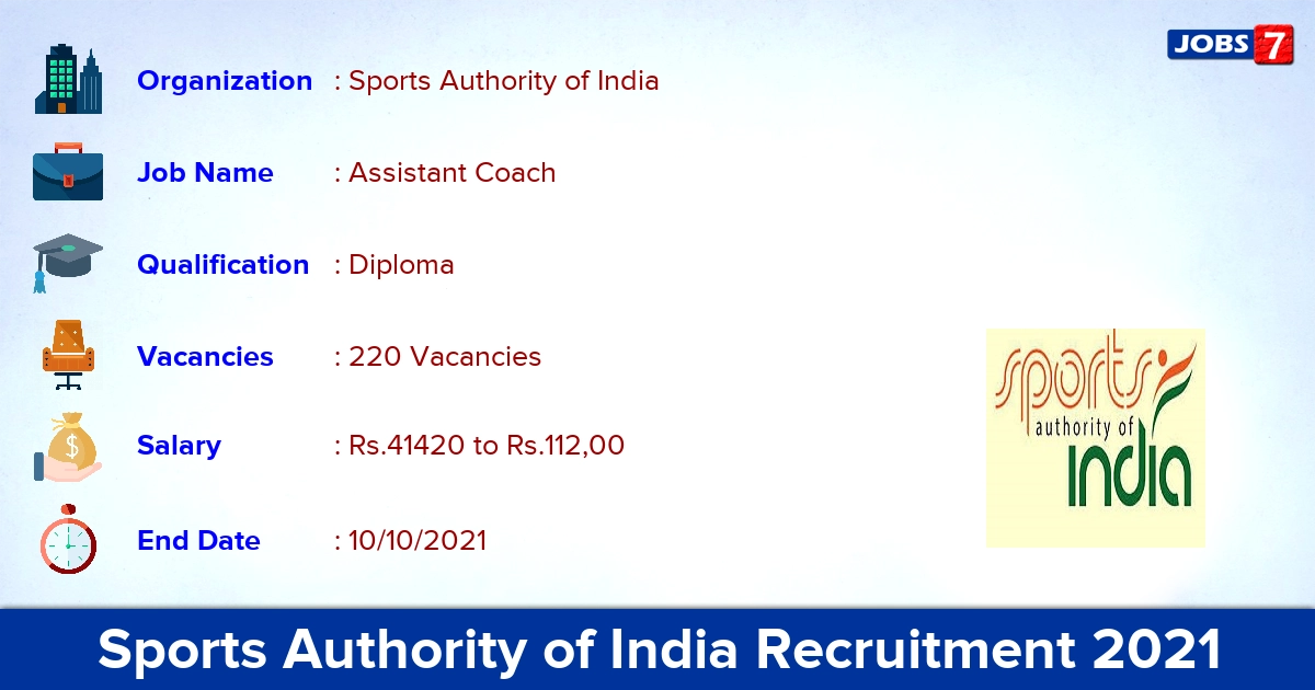 Sports Authority of India Recruitment 2021 - Apply Online for 220 Assistant Coach Vacancies